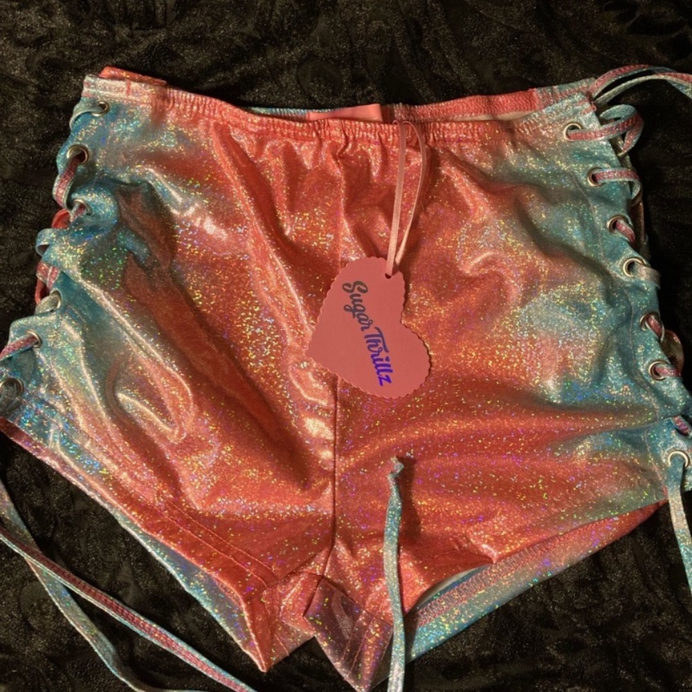 Sugar Thrillz Glittery Pink and Blue Lace-Up Shorts